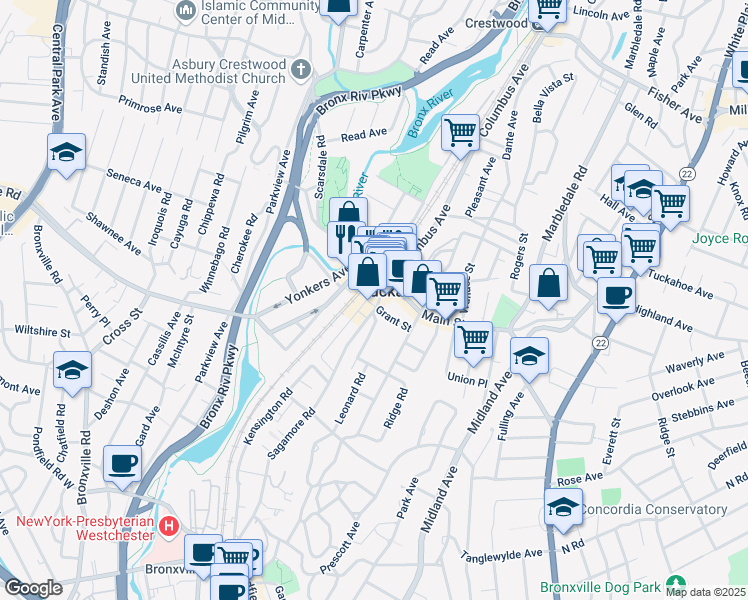 map of restaurants, bars, coffee shops, grocery stores, and more near 13 Depot Square in Tuckahoe