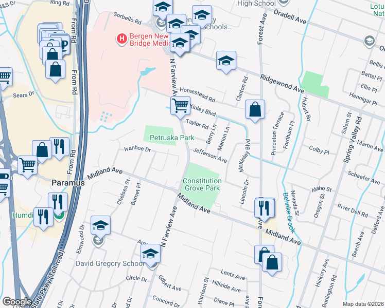 map of restaurants, bars, coffee shops, grocery stores, and more near 229 Jefferson Avenue in Paramus