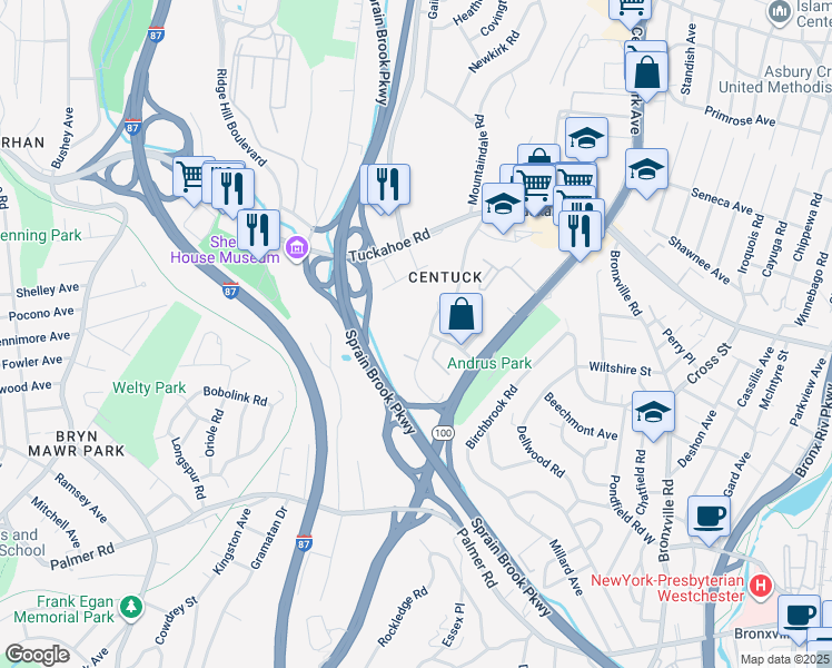 map of restaurants, bars, coffee shops, grocery stores, and more near 22 Winchester Avenue in Yonkers
