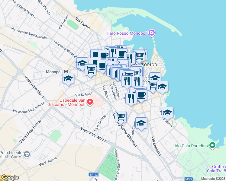map of restaurants, bars, coffee shops, grocery stores, and more near 71 Via Giuseppe Mazzini in Monopoli