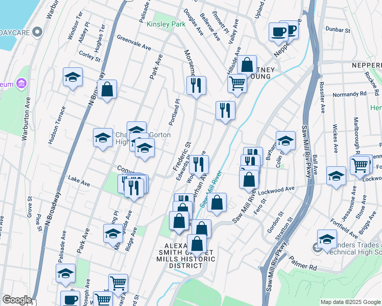 map of restaurants, bars, coffee shops, grocery stores, and more near 118 Frederic Street in Yonkers
