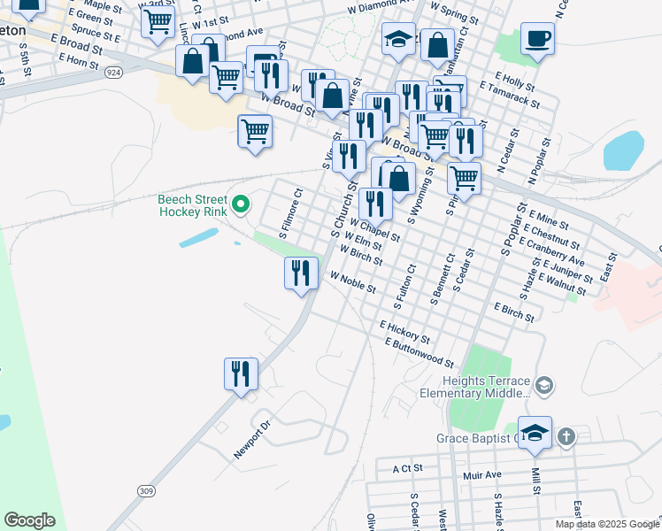 map of restaurants, bars, coffee shops, grocery stores, and more near 183 South Church Street in Hazleton