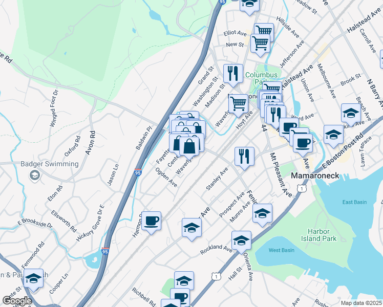 map of restaurants, bars, coffee shops, grocery stores, and more near 421 Waverly Avenue in Mamaroneck