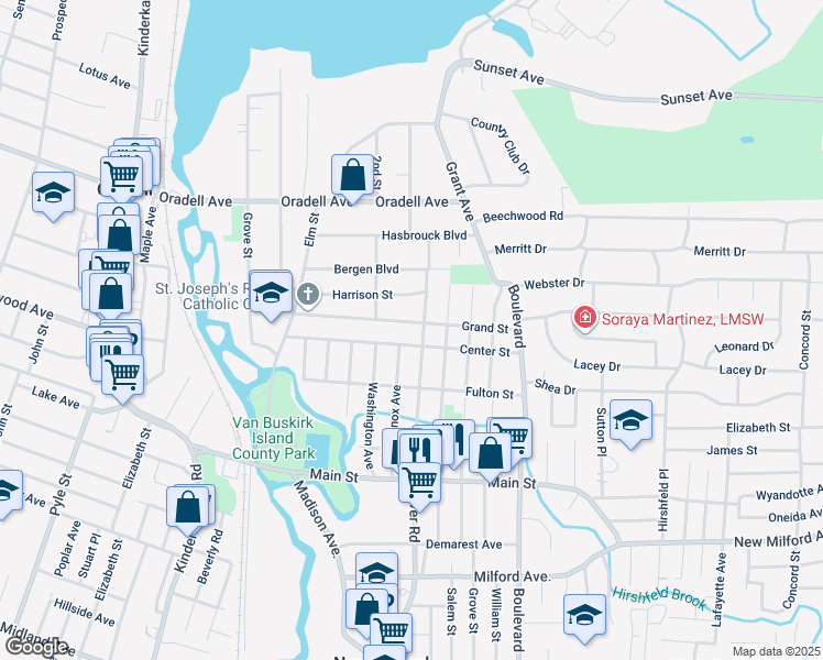 map of restaurants, bars, coffee shops, grocery stores, and more near 186 Grand Street in New Milford