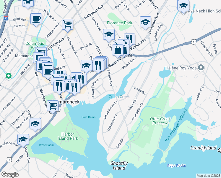 map of restaurants, bars, coffee shops, grocery stores, and more near 235 South Barry Avenue in Mamaroneck
