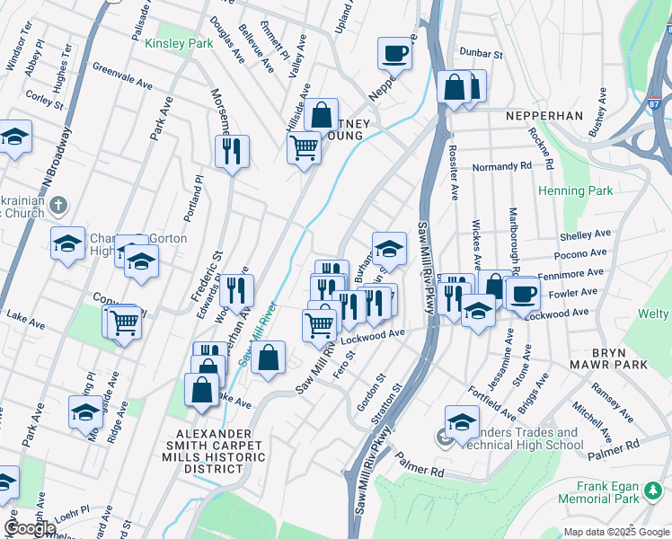 map of restaurants, bars, coffee shops, grocery stores, and more near 387 Saw Mill River Road in Yonkers