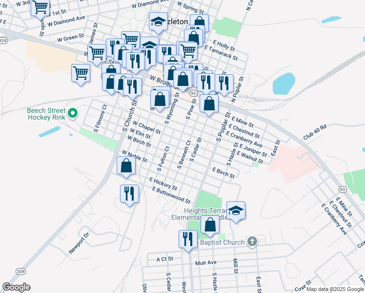 map of restaurants, bars, coffee shops, grocery stores, and more near 133 South Pine Street in Hazleton