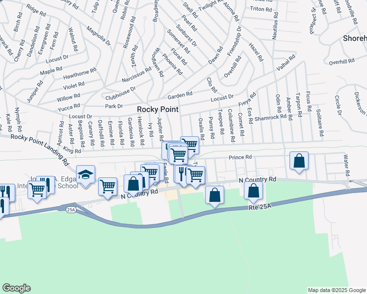 map of restaurants, bars, coffee shops, grocery stores, and more near 7 Prince Road in Rocky Point