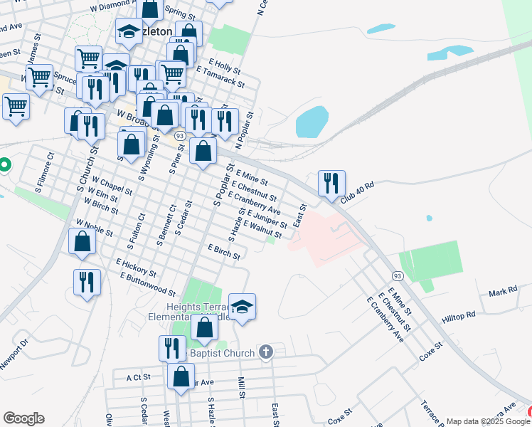 map of restaurants, bars, coffee shops, grocery stores, and more near 412-414 East Cranberry Avenue in Hazleton