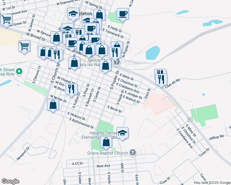 map of restaurants, bars, coffee shops, grocery stores, and more near 319 East Walnut Street in Hazleton