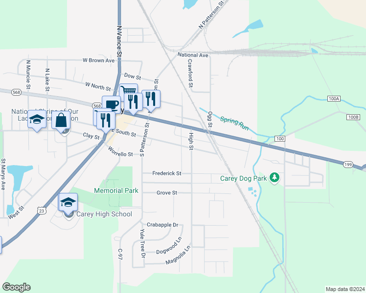 map of restaurants, bars, coffee shops, grocery stores, and more near 357 East South Street in Carey