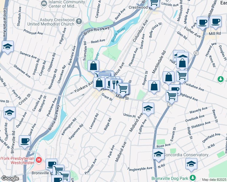 map of restaurants, bars, coffee shops, grocery stores, and more near 62 Main Street in Tuckahoe