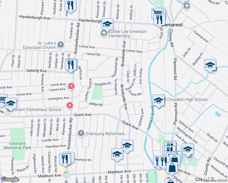 map of restaurants, bars, coffee shops, grocery stores, and more near 35 Woodland Road in Cresskill