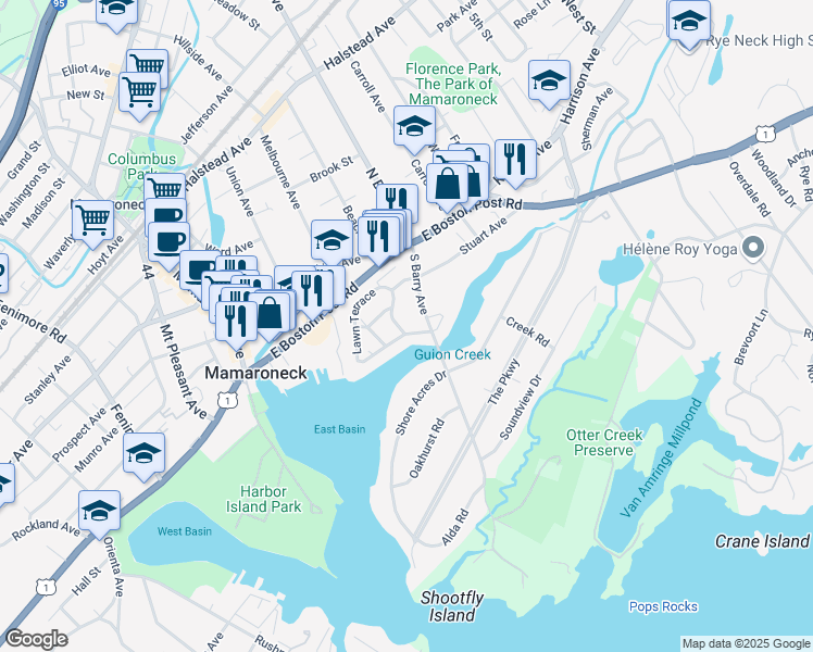 map of restaurants, bars, coffee shops, grocery stores, and more near 280 Guion Drive in Mamaroneck