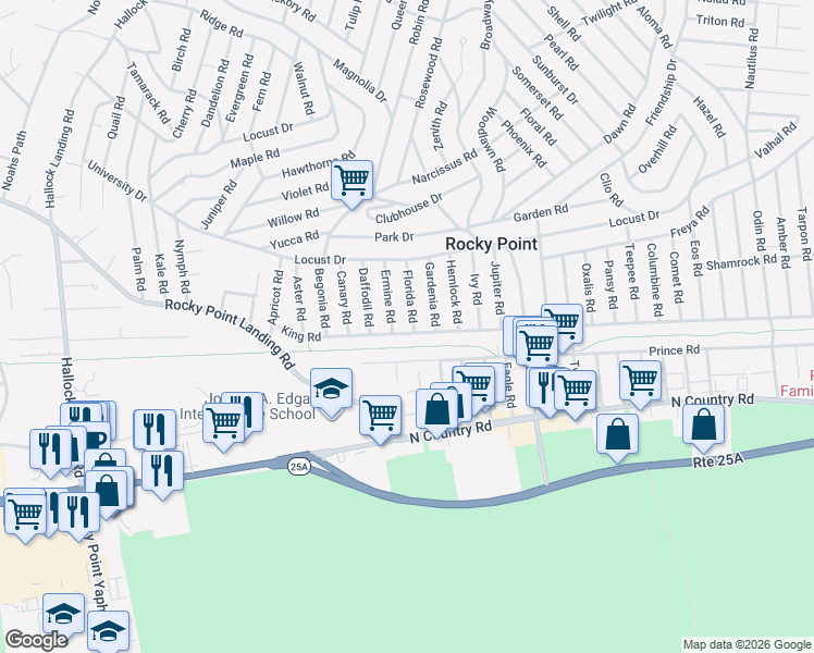 map of restaurants, bars, coffee shops, grocery stores, and more near 57 King Road in Rocky Point