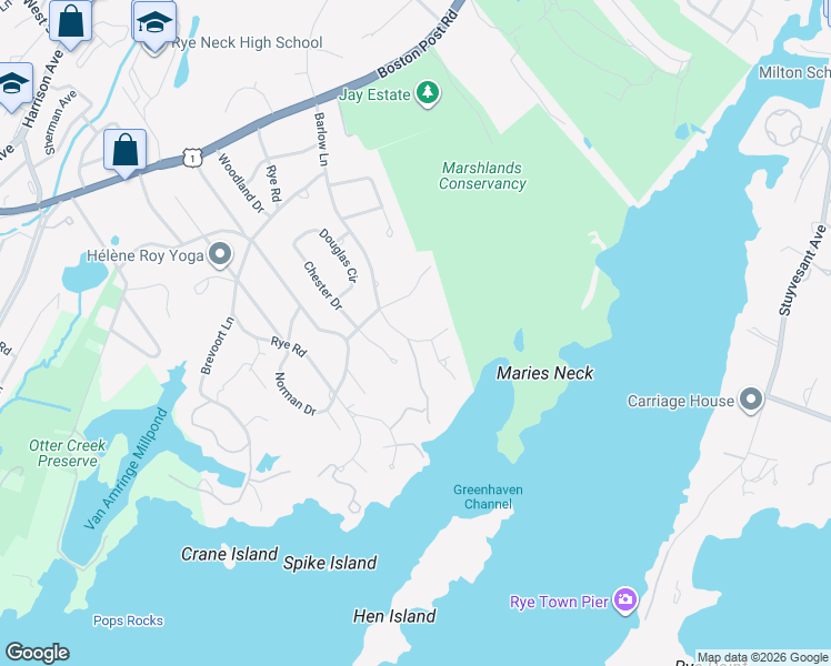 map of restaurants, bars, coffee shops, grocery stores, and more near 57 Barlow Lane in Rye