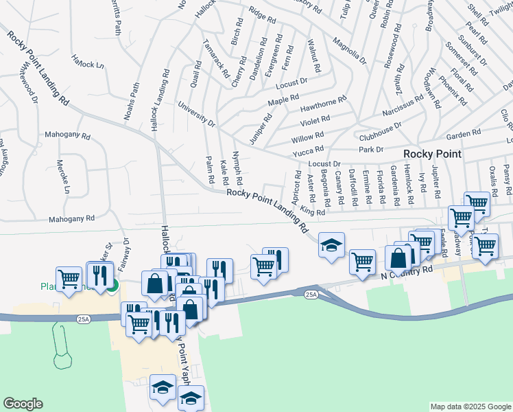 map of restaurants, bars, coffee shops, grocery stores, and more near 228 Rocky Point Landing Road in Rocky Point