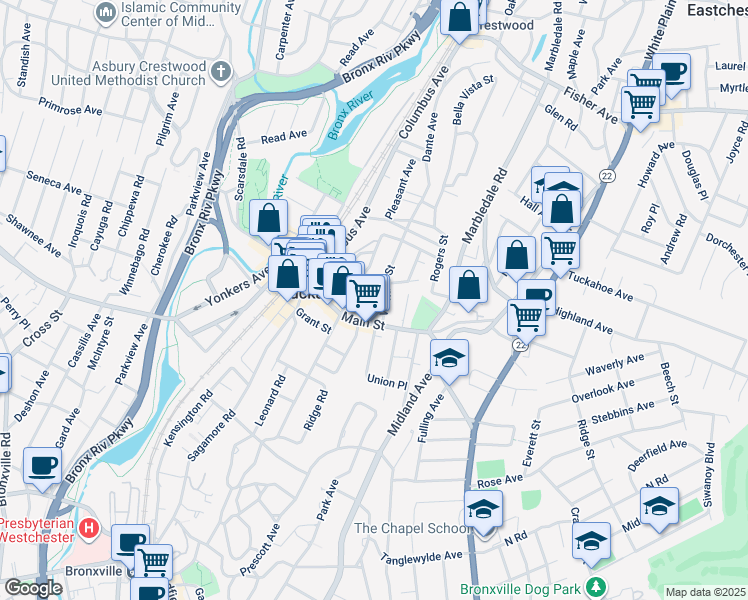map of restaurants, bars, coffee shops, grocery stores, and more near 85 Main Street in Tuckahoe
