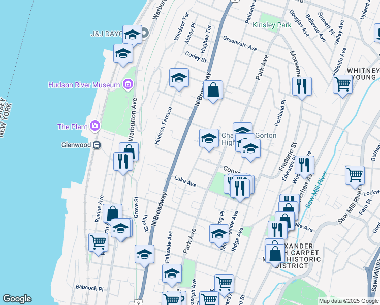 map of restaurants, bars, coffee shops, grocery stores, and more near in Yonkers