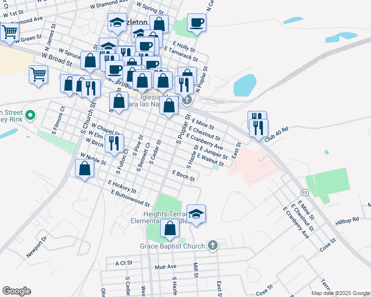 map of restaurants, bars, coffee shops, grocery stores, and more near 319 East Walnut Street in Hazleton