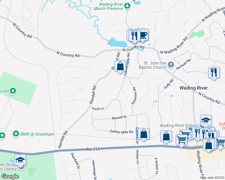 map of restaurants, bars, coffee shops, grocery stores, and more near 6 Gabriel Mills Road in Wading River