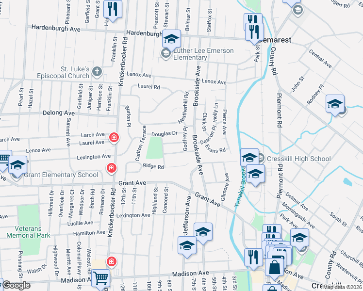 map of restaurants, bars, coffee shops, grocery stores, and more near 35 Woodland Road in Cresskill