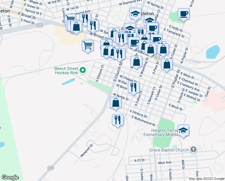 map of restaurants, bars, coffee shops, grocery stores, and more near 183 South Church Street in Hazleton
