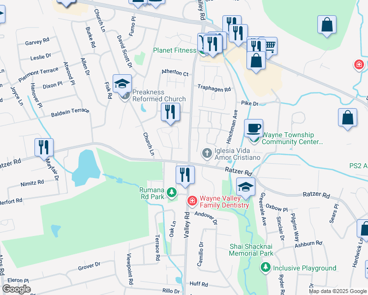 map of restaurants, bars, coffee shops, grocery stores, and more near 1121B Valley Road in Wayne
