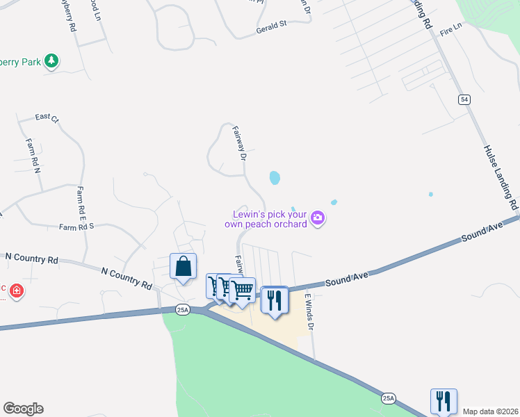 map of restaurants, bars, coffee shops, grocery stores, and more near 55 Fairway Drive in Wading River