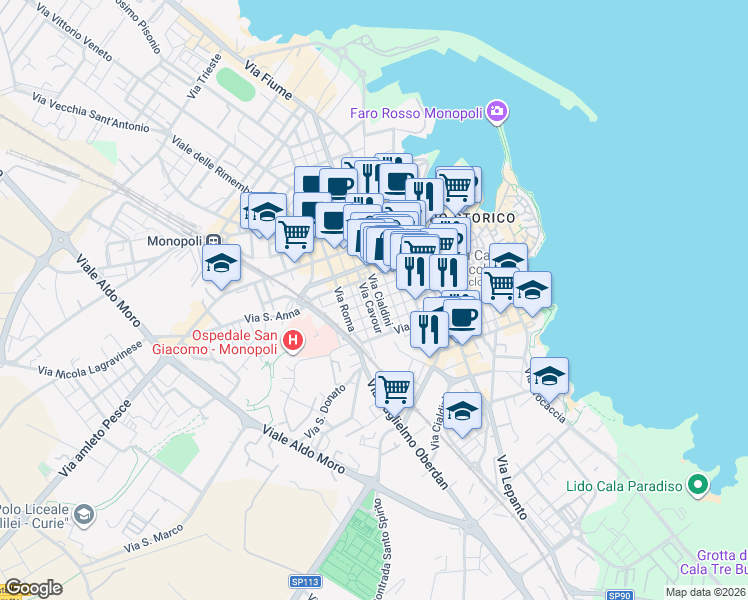map of restaurants, bars, coffee shops, grocery stores, and more near 71 Via Giuseppe Mazzini in Monopoli