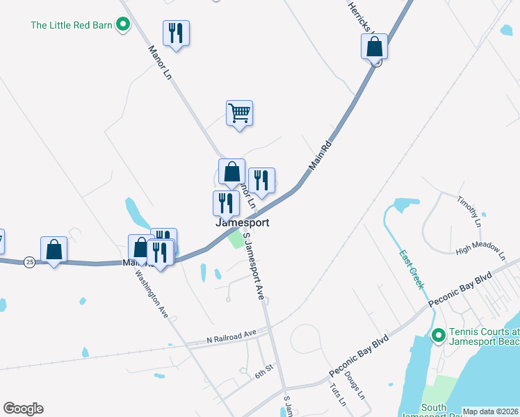 map of restaurants, bars, coffee shops, grocery stores, and more near 1606 Main Road in Jamesport