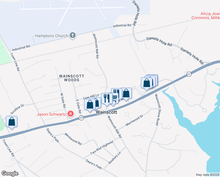 map of restaurants, bars, coffee shops, grocery stores, and more near 98 Wainscott Northwest Road in Wainscott