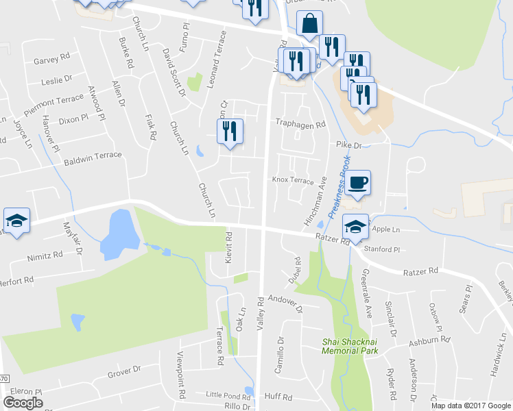 map of restaurants, bars, coffee shops, grocery stores, and more near 1121 Valley Road in Wayne