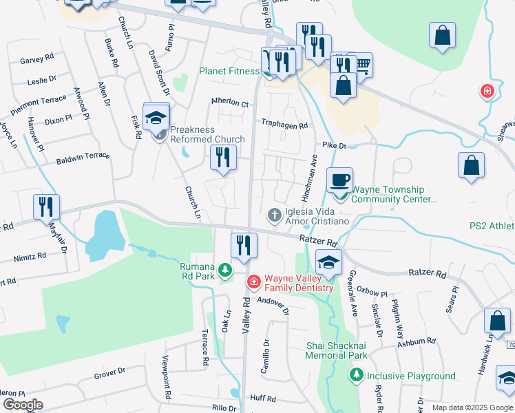 map of restaurants, bars, coffee shops, grocery stores, and more near 1118 Valley Road in Wayne