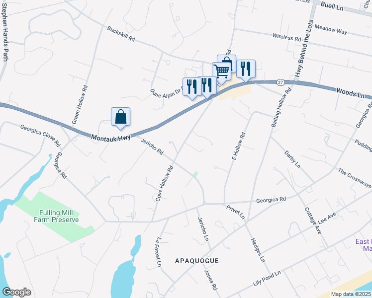 map of restaurants, bars, coffee shops, grocery stores, and more near 196 Cove Hollow Road in East Hampton