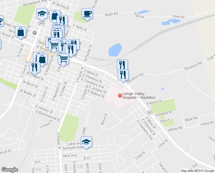 map of restaurants, bars, coffee shops, grocery stores, and more near 522 East Chestnut Street in Hazleton
