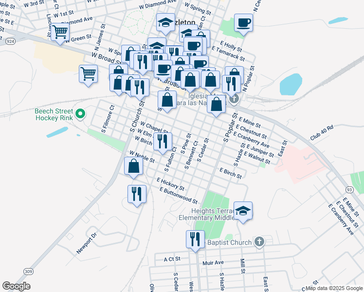 map of restaurants, bars, coffee shops, grocery stores, and more near 121 South Fulton Court in Hazleton