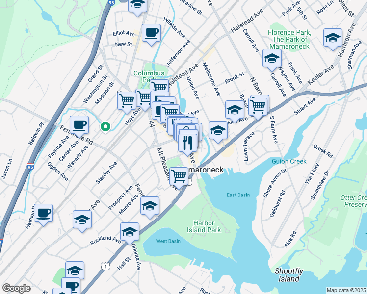 map of restaurants, bars, coffee shops, grocery stores, and more near 121 Prospect Avenue in Mamaroneck