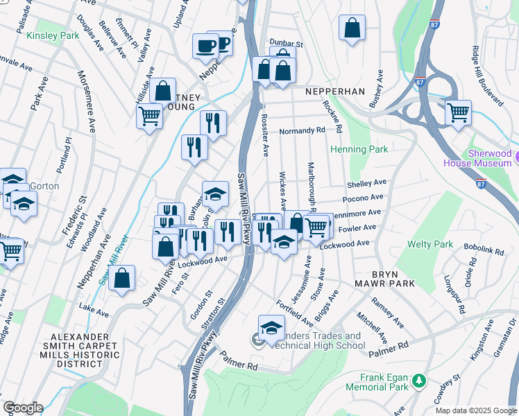 map of restaurants, bars, coffee shops, grocery stores, and more near 52 Rossiter Avenue in Yonkers