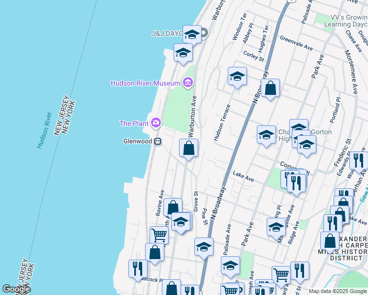 map of restaurants, bars, coffee shops, grocery stores, and more near 414 Warburton Avenue in Yonkers