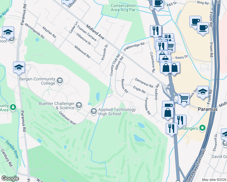 map of restaurants, bars, coffee shops, grocery stores, and more near 387 Abbott Road in Paramus