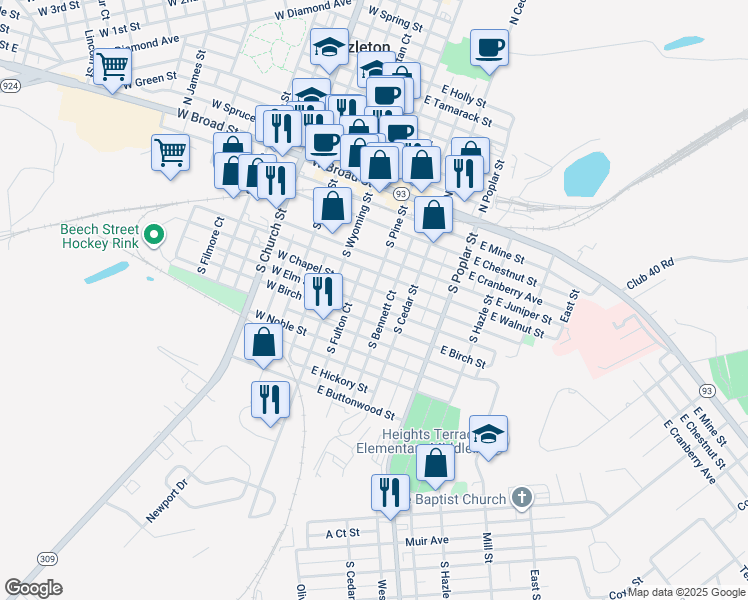 map of restaurants, bars, coffee shops, grocery stores, and more near 133 South Pine Street in Hazleton