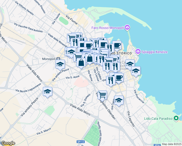 map of restaurants, bars, coffee shops, grocery stores, and more near 26 Via Roma in Monopoli
