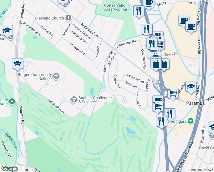 map of restaurants, bars, coffee shops, grocery stores, and more near 387 Abbott Road in Paramus