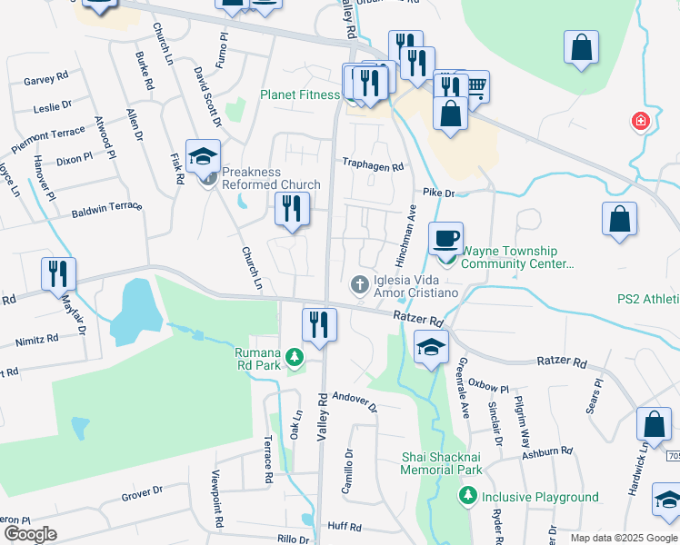 map of restaurants, bars, coffee shops, grocery stores, and more near 1120 Valley Road in Wayne