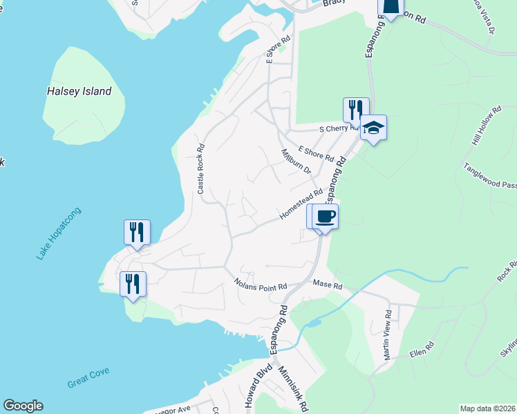 map of restaurants, bars, coffee shops, grocery stores, and more near 36 Homestead Road in Jefferson