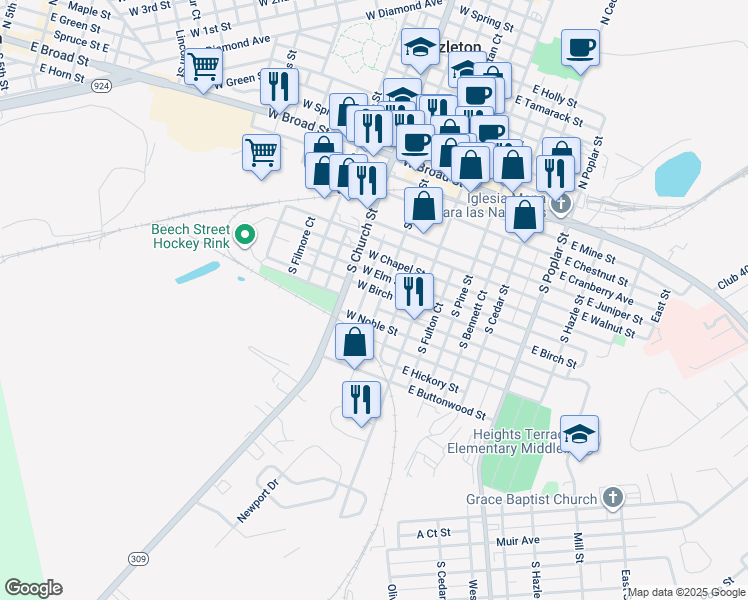 map of restaurants, bars, coffee shops, grocery stores, and more near 170 South Laurel Street in Hazleton