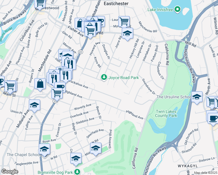 map of restaurants, bars, coffee shops, grocery stores, and more near 77 Tuckahoe Avenue in Eastchester
