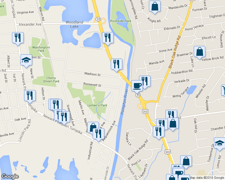 map of restaurants, bars, coffee shops, grocery stores, and more near 11 Roosevelt Street in Pequannock Township