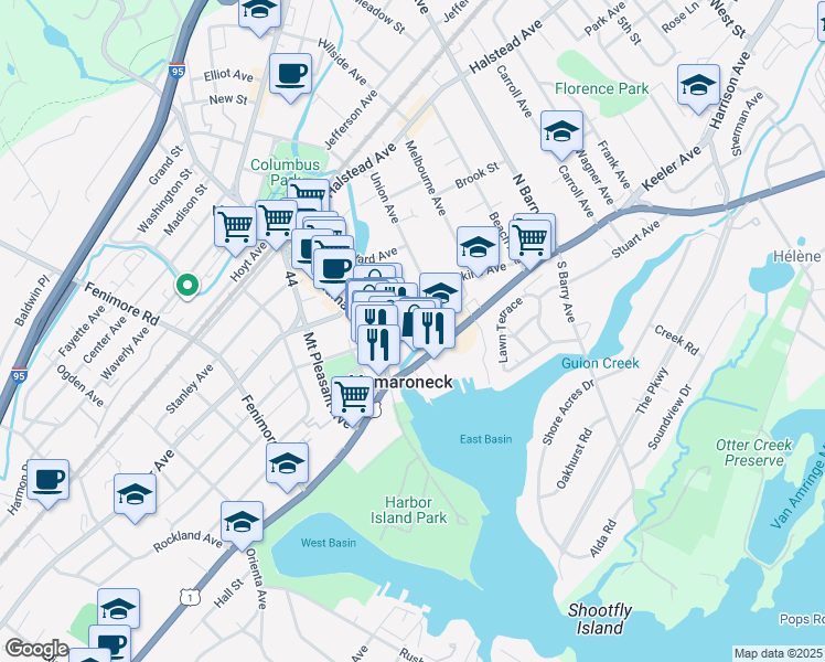 map of restaurants, bars, coffee shops, grocery stores, and more near 139 East Prospect Avenue in Mamaroneck